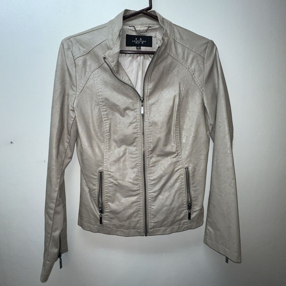 LA coalition‎ jacket  Women's Beige Faux Leather Motorcycle Jacket Biker XS